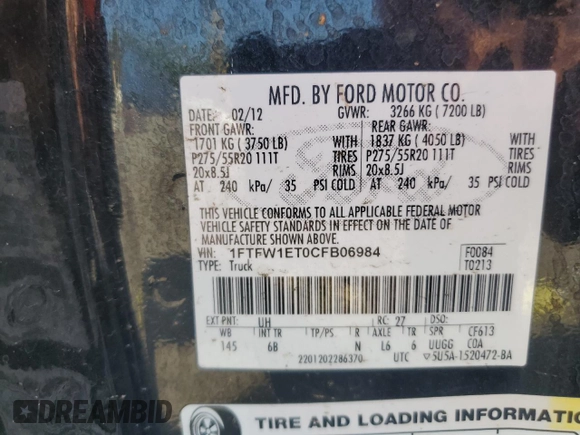 2012 Ford F-150 XL with VIN 1FTFW1ET0CFB06984, listed as a Copart auction lot 61338755 with 204,847 mi miles and Salvage title. Bid and sale history available at DreamBid. Image 12.