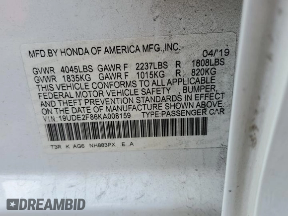2019 Acura ILX Premium with VIN 19UDE2F86KA008159, listed as a Copart auction lot 54579835 with 67,225 mi miles and Salvage title. Bid and sale history available at DreamBid. Image 12.