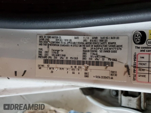 2014 Ford Fiesta S with VIN 3FADP4TJ0EM177375, listed as a Copart auction lot 58960655 with 179,096 mi miles and Salvage title. Bid and sale history available at DreamBid. Image 12.