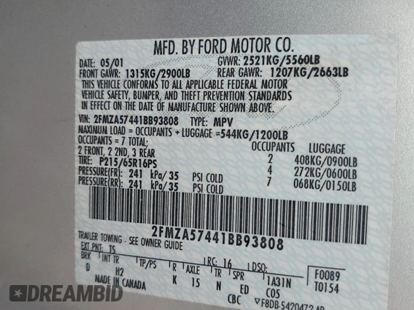 2001 Ford Windstar Sport Standard z VIN 2FMZA57441BB93808, wystawiony jako Copart lot #53501005 z przebiegiem 122 396 mil mil oraz Szkody całkowita. Historia ofert i sprzedaży dostępna na DreamBid. Obrazek 13.