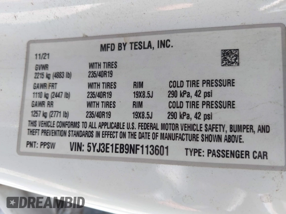 2022 Tesla Model 3 Long Range z VIN 5YJ3E1EB9NF113601, wystawiony jako IAAI lot #42173612 z przebiegiem 95 454 mil mil oraz . Historia ofert i sprzedaży dostępna na DreamBid. Obrazek 9.