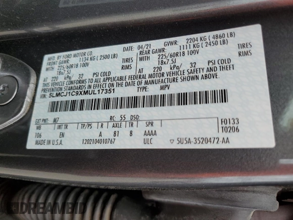 2021 Lincoln Corsair Standard z VIN 5LMCJ1C9XMUL17351, wystawiony jako Copart lot #47578235 z przebiegiem 46 258 mil mil oraz Szkoda całkowita • Salvage title. Historia ofert i sprzedaży dostępna na DreamBid. Obrazek 14.