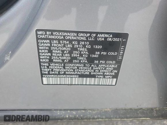 2021 Volkswagen Atlas SE с VIN 1V2WR2CA9MC604892, выставлен на аукционе Copart как лот 57227995 с пробегом 109 135 миль миль и Чистый • Clean title. История ставок и продаж доступна на DreamBid. Изображение 13.