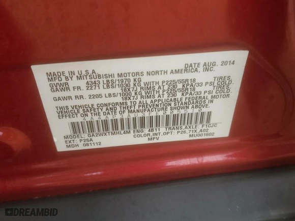2015 Mitsubishi Outlander Sport ES with VIN 4A4AP3AU3FE005510, listed as a Copart auction lot 44509715 with 37,415 mi miles and Salvage Title. Bid and sale history available at carsss.com. Image 15.
