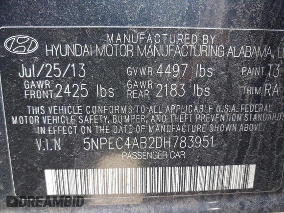2013 Hyundai Sonata Limited with VIN 5NPEC4AB2DH783951, listed as a IAAI auction lot 41866541 with 168,911 mi miles and . Bid and sale history available at DreamBid. Image 9.