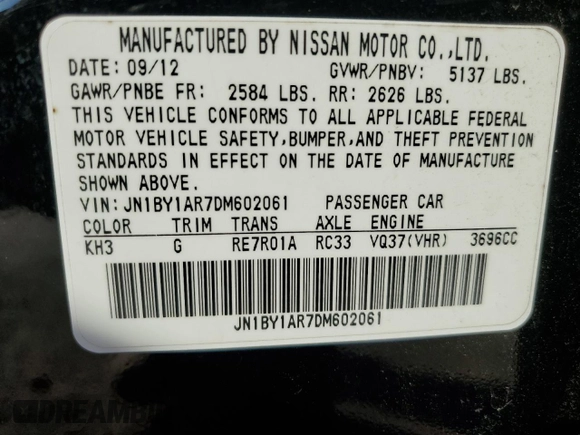 2013 Infiniti M37 with VIN JN1BY1AR7DM602061, listed as a Copart auction lot 59497154 with 124,179 mi miles and Non Repairable. Bid and sale history available at carsss.com. Image 12.