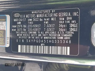 2017 Kia Sorento LX with VIN 5XYPGDA51HG335348, listed as a IAAI auction lot 42085131 with 191,601 mi miles and . Bid and sale history available at carsss.com. Image 9.