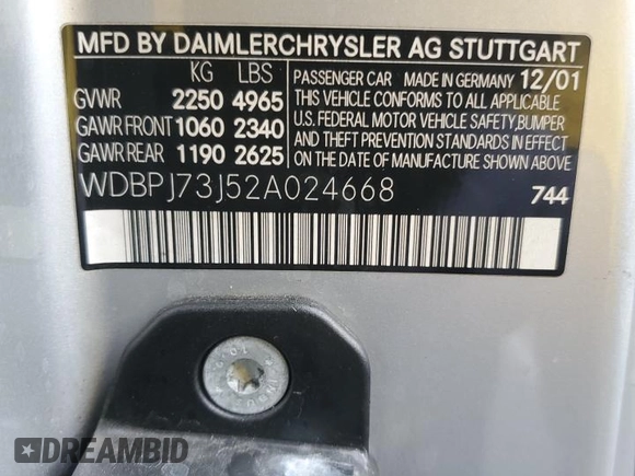 2002 Mercedes-Benz CL AMG z VIN WDBPJ73J52A024668, wystawiony jako Copart lot #44394705 z przebiegiem Nie podano mil oraz Czysty tytuł • Clean title. Historia ofert i sprzedaży dostępna na DreamBid. Obrazek 12.