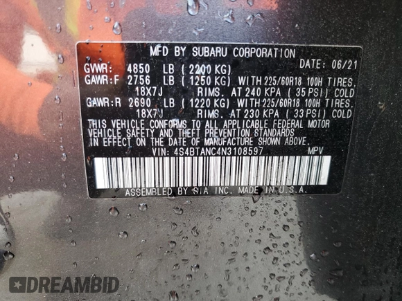 2022 Subaru Outback Limited with VIN 4S4BTANC4N3108597, listed as a Copart auction lot 50041055 with 42,491 mi miles and Salvage Title. Bid and sale history available at DreamBid. Image 14.