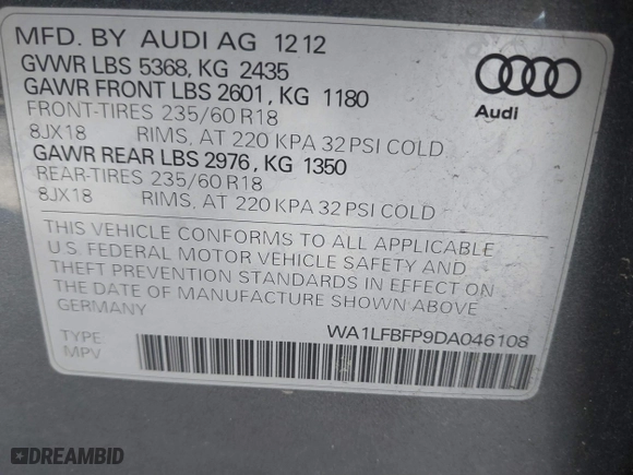2013 Audi Q5 Premium Plus with VIN WA1LFBFP9DA046108, listed as a IAAI auction lot 41735110 with 142,410 mi miles. Bid and sale history available at carsss.com. Image 8.