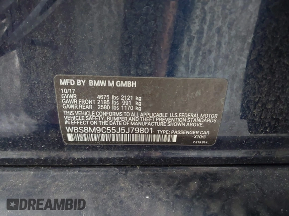 2018 BMW M3 with VIN WBS8M9C55J5J79801, listed as a IAAI auction lot 42503771 with 54,627 mi miles and . Bid and sale history available at DreamBid. Image 9.