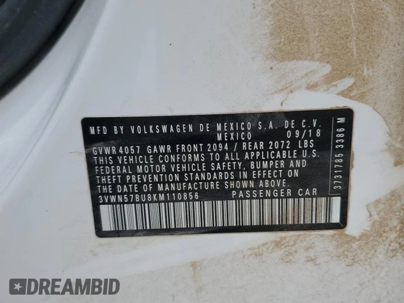 2019 Volkswagen Jetta S with VIN 3VWN57BU8KM110856, listed as a Copart auction lot 54882895 with 92,421 mi miles and Salvage title. Bid and sale history available at DreamBid. Image 12.