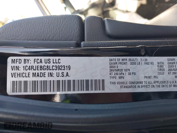 2020 Jeep Grand Cherokee Limited with VIN 1C4RJEBG8LC392319, listed as a IAAI auction lot 41948415 with 32,450 mi miles and . Bid and sale history available at DreamBid. Image 9.