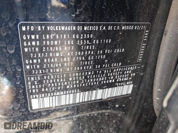 2021 Volkswagen Tiguan SE z VIN 3VV3B7AX0MM080853, wystawiony jako IAAI lot #42406539 z przebiegiem 73 295 mil mil oraz . Historia ofert i sprzedaży dostępna na DreamBid. Obrazek 9.