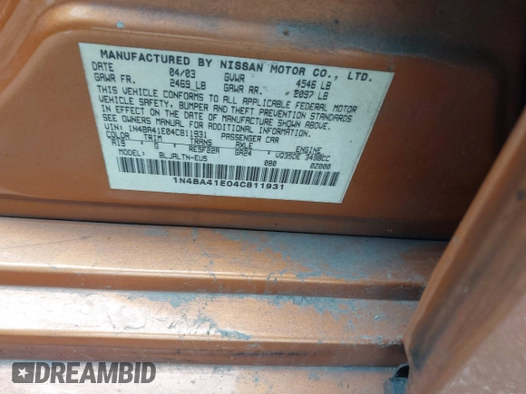 2004 Nissan Maxima SE with VIN 1N4BA41E04C811931, listed as a IAAI auction lot 41596838 with 165,350 mi miles and . Bid and sale history available at DreamBid. Image 9.