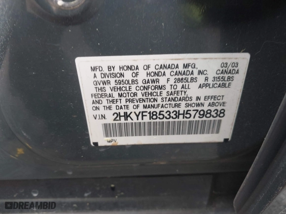 2003 Honda Pilot EX with VIN 2HKYF18533H579838, listed as a IAAI auction lot 41842015 with 195,976 mi miles. Bid and sale history available at carsss.com. Image 9.