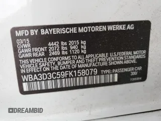 2015 BMW 3 Series 328d with VIN WBA3D3C59FK158079, listed as a Copart auction lot 72954284 with 133,162 mi miles and Salvage title. Bid and sale history available at DreamBid. Image 12.