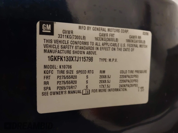 2007 GMC Yukon SLT z VIN 1GKFK130X7J115798, wystawiony jako IAAI lot #42039550 z przebiegiem 263 539 mil mil oraz . Historia ofert i sprzedaży dostępna na DreamBid. Obrazek 9.