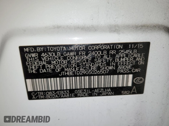 2016 Lexus IS 350 with VIN JTHBE1D29G5026507, listed as a Copart auction lot 50567655 with 118,101 mi miles and Salvage Title. Bid and sale history available at DreamBid. Image 12.