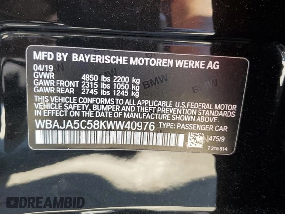 2019 BMW 5 Series 530i с VIN WBAJA5C58KWW40976, выставлен на аукционе Copart как лот 50542995 с пробегом 81 707 миль миль и Списание • Salvage title. История ставок и продаж доступна на DreamBid. Изображение 12.