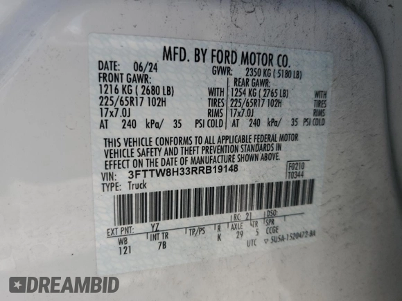 2024 Ford Maverick XLT with VIN 3FTTW8H33RRB19148, listed as a Copart auction lot 58040905 with 28,496 mi miles and Salvage title. Bid and sale history available at DreamBid. Image 12.