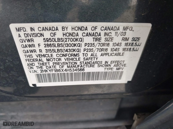 2004 Honda Pilot EX with VIN 2HKYF186X4H534566, listed as a IAAI auction lot 41947419 with 1 mi miles. Bid and sale history available at carsss.com. Image 9.
