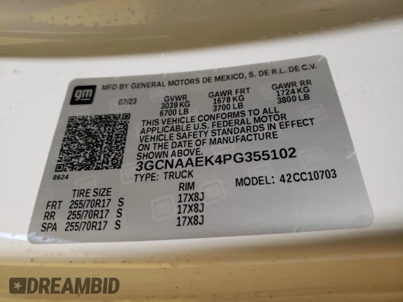 2023 Chevrolet Silverado 1500 Work Truck with VIN 3GCNAAEK4PG355102, listed as a Copart auction lot 82009594 with 72,008 mi miles and Clean Title. Bid and sale history available at DreamBid. Image 13.