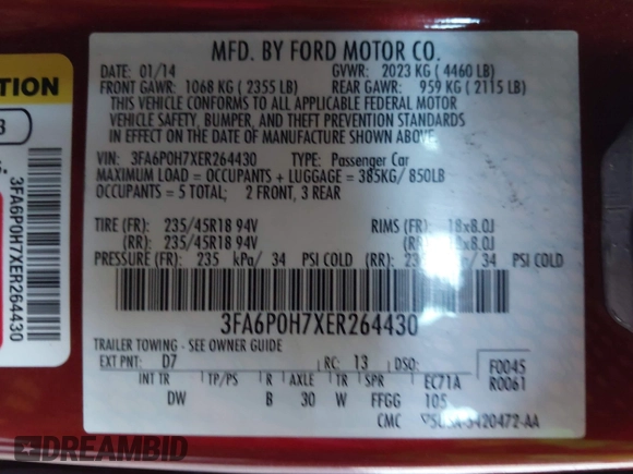 2014 Ford Fusion SE with VIN 3FA6P0H7XER264430, listed as a IAAI auction lot 42143757 with 109,612 mi miles and . Bid and sale history available at DreamBid. Image 9.
