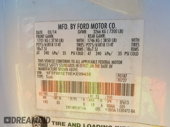 2014 Ford F-150 XL with VIN 1FTFW1ET0EKE09435, listed as a IAAI auction lot 42128541 with 114,008 mi miles and . Bid and sale history available at DreamBid. Image 9.