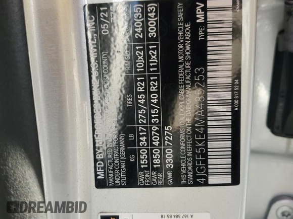 2021 Mercedes-Benz GLS 450 with VIN 4JGFF5KE4MA485253, listed as a Copart auction lot 58625715 with Not provided miles and Salvage title. Bid and sale history available at DreamBid. Image 13.