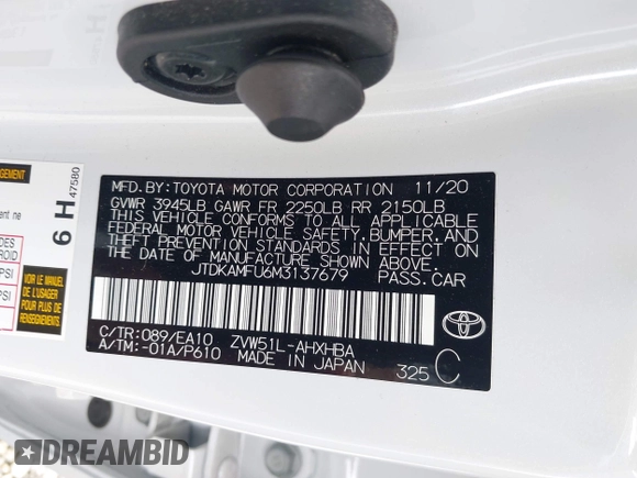 2021 Toyota Prius L Eco with VIN JTDKAMFU6M3137679, listed as a IAAI auction lot 42488129 with 52,414 mi miles and . Bid and sale history available at DreamBid. Image 9.