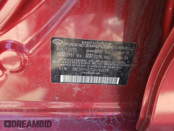 2016 Hyundai Elantra SE with VIN 5NPDH4AE7GH743179, listed as a Copart auction lot 49675585 with Not provided miles and Salvage title. Bid and sale history available at DreamBid. Image 12.
