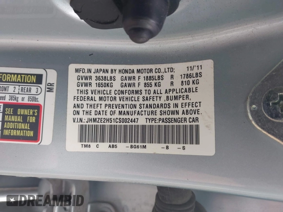 2012 Honda Insight LX with VIN JHMZE2H51CS002447, listed as a IAAI auction lot 42353583 with 179,377 mi miles and . Bid and sale history available at DreamBid. Image 9.