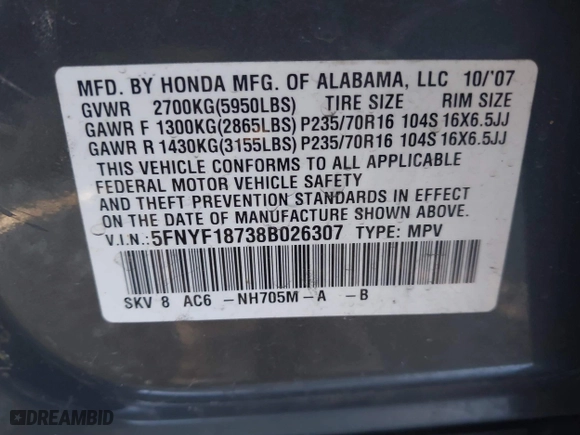 2008 Honda Pilot EX-L with VIN 5FNYF18738B026307, listed as a IAAI auction lot 41435086 with 197,695 mi miles. Bid and sale history available at carsss.com. Image 9.