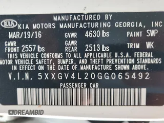 2016 Kia Optima SXL Turbo with VIN 5XXGV4L20GG065492, listed as a Copart auction lot 47194615 with 238,679 mi miles and Salvage title. Bid and sale history available at DreamBid. Image 14.