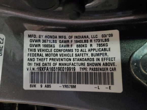 2009 Honda Civic Sdn LX with VIN 19XFA16519E019919, listed as a Copart auction lot 46183855 with 79,141 mi miles and Clean Title. Bid and sale history available at carsss.com. Image 14.
