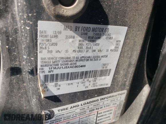 2010 Ford Expedition Eddie Bauer with VIN 1FMJU1J5XAEB03466, listed as a Copart auction lot 53208285 with Not provided miles and Salvage title. Bid and sale history available at DreamBid. Image 13.