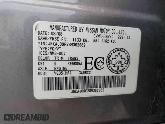 2008 Infiniti EX Journey with VIN JNKAJ09F28M362682, listed as a Copart auction lot 54152355 with 233,835 mi miles and Salvage title. Bid and sale history available at DreamBid. Image 12.