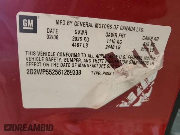2006 Pontiac Grand Prix z VIN 2G2WP552561259338, wystawiony jako Copart lot #61294875 z przebiegiem Nie podano mil oraz Czysty tytuł • Clean title. Historia ofert i sprzedaży dostępna na DreamBid. Obrazek 12.
