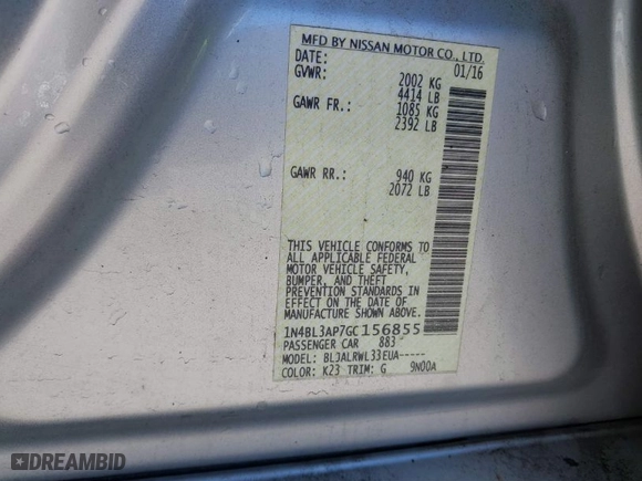 2016 Nissan Altima 3.5 SL with VIN 1N4BL3AP7GC156855, listed as a IAAI auction lot 41794360 with 143,144 mi miles. Bid and sale history available at carsss.com. Image 9.