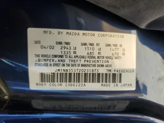 2002 Mazda MX-5 Miata Cloth z VIN JM1NB353720231873, wystawiony jako Copart lot #52398015 z przebiegiem 90 077 mil mil oraz Szkoda całkowita • Salvage title. Historia ofert i sprzedaży dostępna na DreamBid. Obrazek 12.
