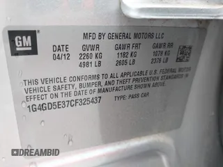 2012 Buick LaCrosse Premium 1 with VIN 1G4GD5E37CF325437, listed as a IAAI auction lot 42434040 with 201,528 mi miles and . Bid and sale history available at DreamBid. Image 9.