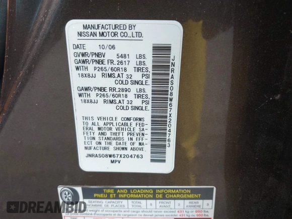 2007 Infiniti FX with VIN JNRAS08W67X204763, listed as a IAAI auction lot 42259196 with 175,541 mi miles and . Bid and sale history available at DreamBid. Image 9.