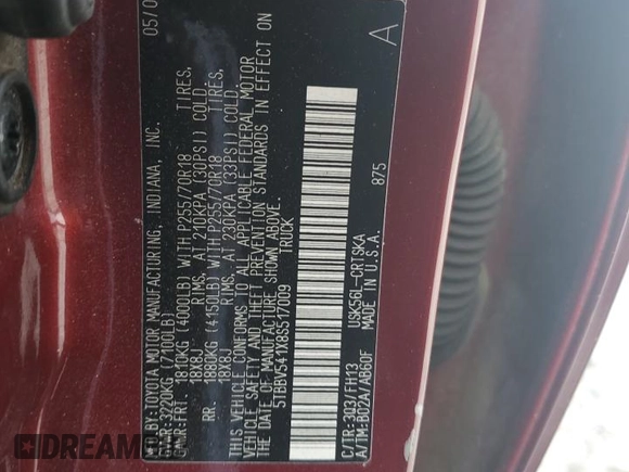 2008 Toyota Tundra z VIN 5TBBV541X8S517009, wystawiony jako Copart lot #59771525 z przebiegiem Nie podano mil oraz Szkoda całkowita • Salvage title. Historia ofert i sprzedaży dostępna na DreamBid. Obrazek 12.