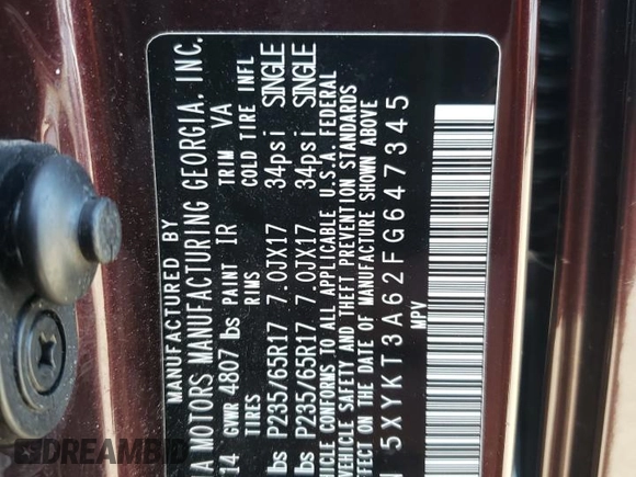 2015 Kia Sorento LX with VIN 5XYKT3A62FG647345, listed as a Copart auction lot 46068845 with 157,061 mi miles and Salvage Title. Bid and sale history available at DreamBid. Image 15.