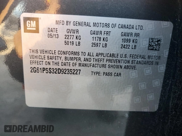 2013 Cadillac XTS Luxury with VIN 2G61P5S32D9235227, listed as a Copart auction lot 61825305 with 59,853 mi miles and Salvage title. Bid and sale history available at DreamBid. Image 13.
