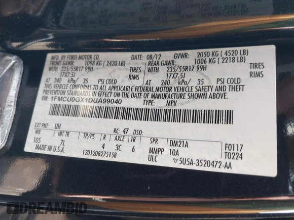 2013 Ford Escape SE with VIN 1FMCU0GX1DUA99040, listed as a IAAI auction lot 42084787 with 140,473 mi miles and . Bid and sale history available at DreamBid. Image 9.