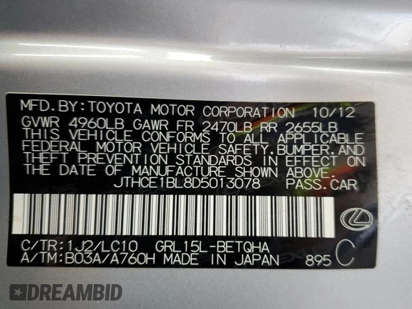 2013 Lexus GS 350 with VIN JTHCE1BL8D5013078, listed as a Copart auction lot 64214305 with 62,006 mi miles and Salvage title. Bid and sale history available at DreamBid. Image 12.