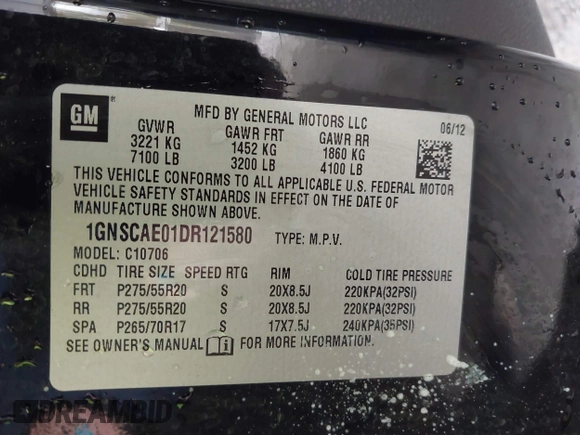 2013 Chevrolet Tahoe LS with VIN 1GNSCAE01DR121580, listed as a IAAI auction lot 41714743 with 257,616 mi miles and . Bid and sale history available at DreamBid. Image 9.