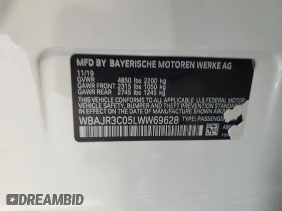 2020 BMW 5 Series 530i with VIN WBAJR3C05LWW69628, listed as a Copart auction lot 54589695 with Not provided miles and Salvage title. Bid and sale history available at DreamBid. Image 13.